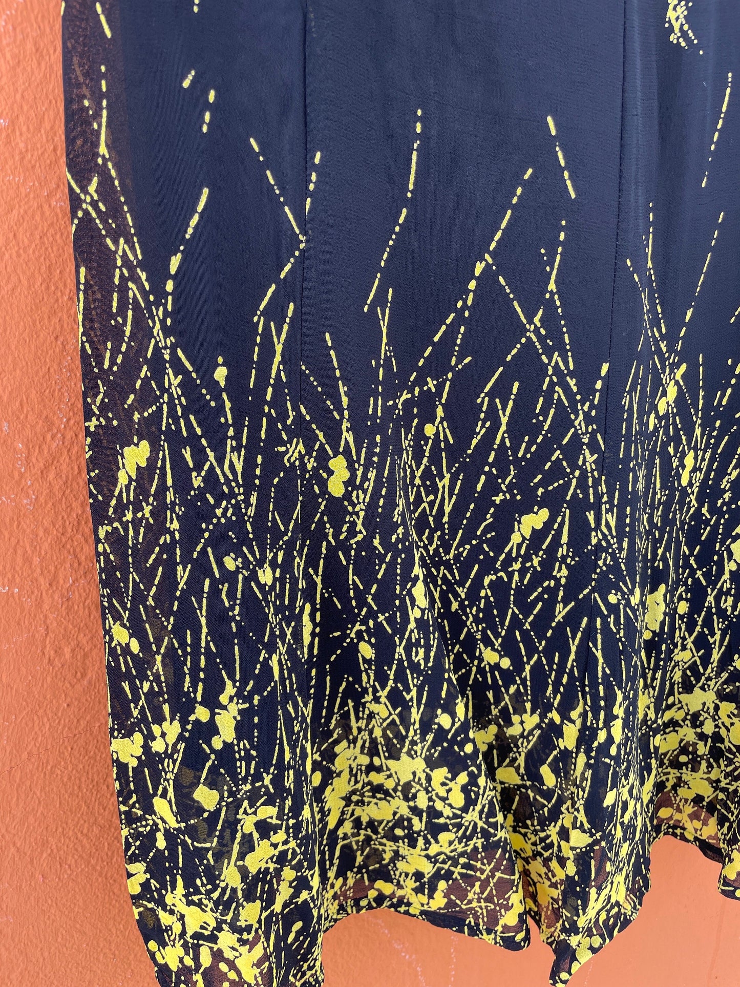 Vintage Black Skirt with Abstract Yellow Splash and Belt - Summer Chic