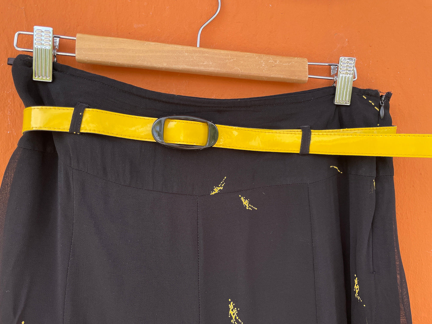 Vintage Black Skirt with Abstract Yellow Splash and Belt - Summer Chic