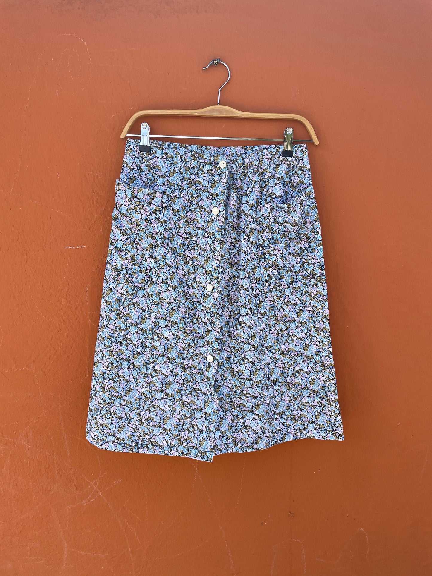 Handmade Blue Floral Vintage Skirt with Pockets