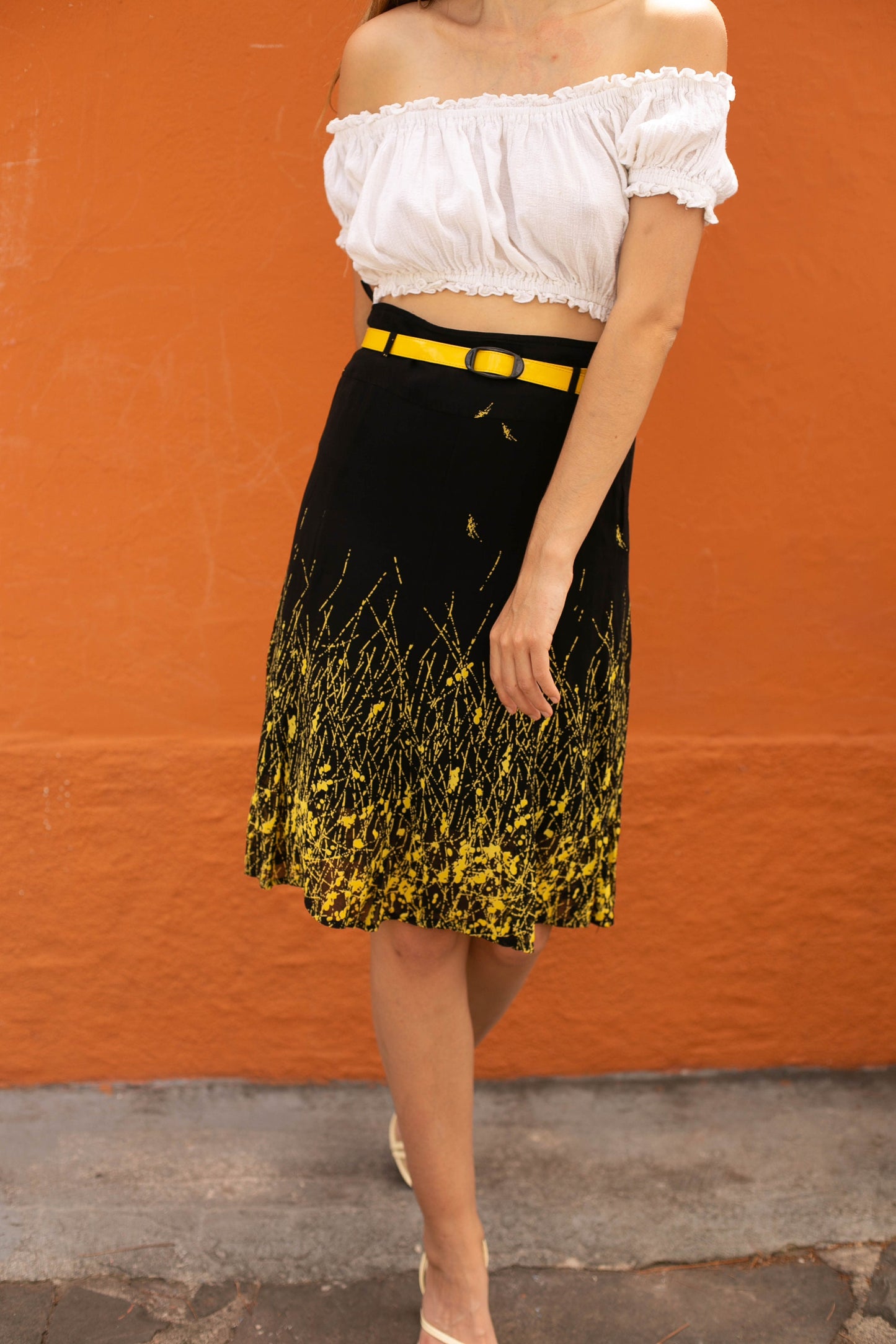 Vintage Black Skirt with Abstract Yellow Splash and Belt - Summer Chic