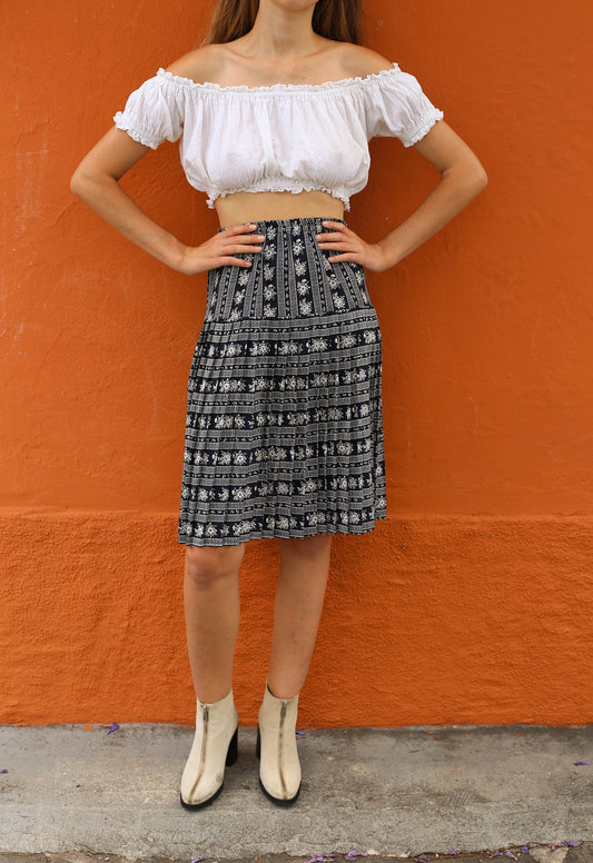 Vintage High Waist Floral Skirt, Dark Blue and White, Lightweight Summer Skirt, Boho hippie 60s outfit