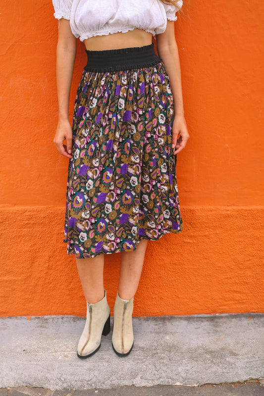 Vintage Boho Floral Skirt with Black High Waistband