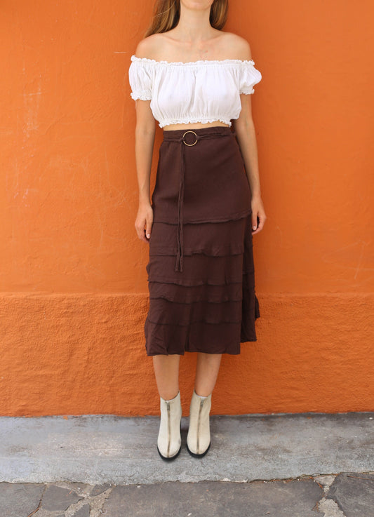 Vintage Brown Boho Linen-Blend Long Skirt — detail