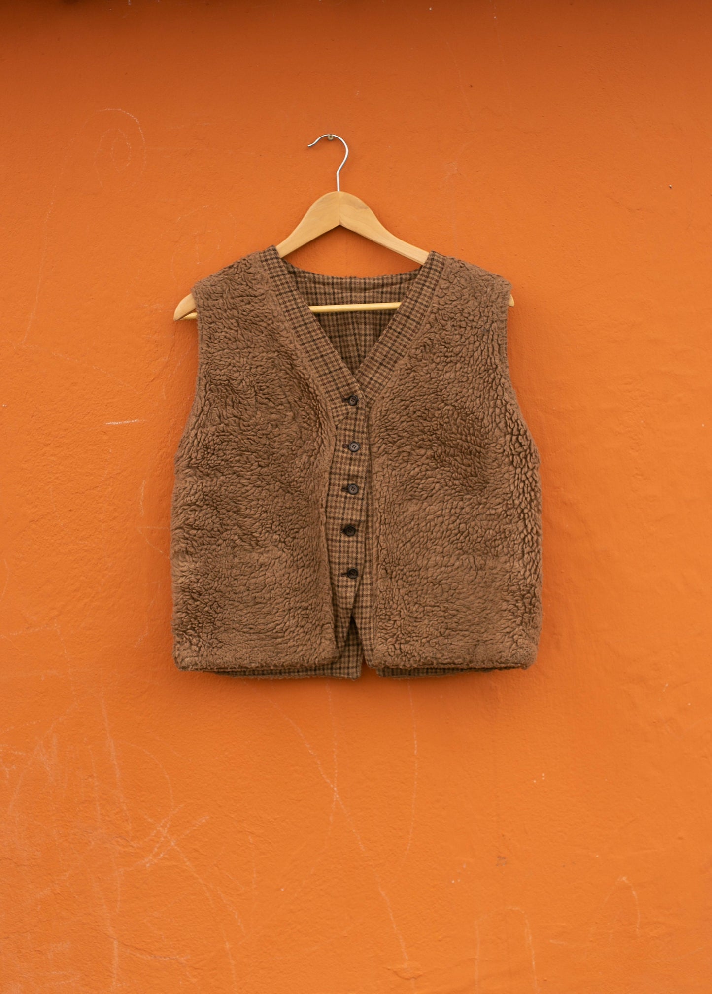 Vintage brown wool waistcoat, Lammy gilet, Brown cozy winter wear, Sleeveless checkered vest, Double sided european jacket, L
