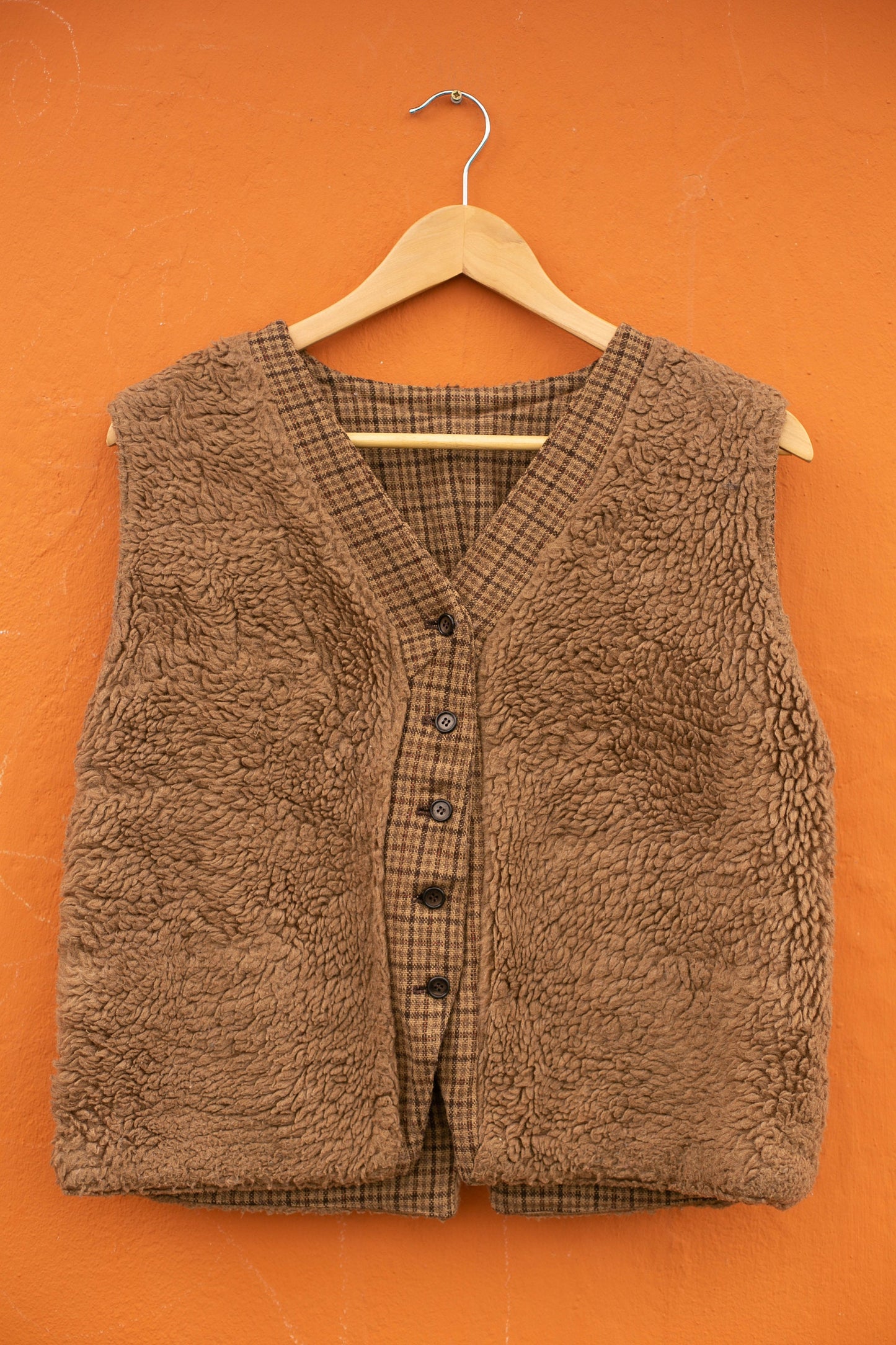 Vintage brown wool waistcoat, Lammy gilet, Brown cozy winter wear, Sleeveless checkered vest, Double sided european jacket, L
