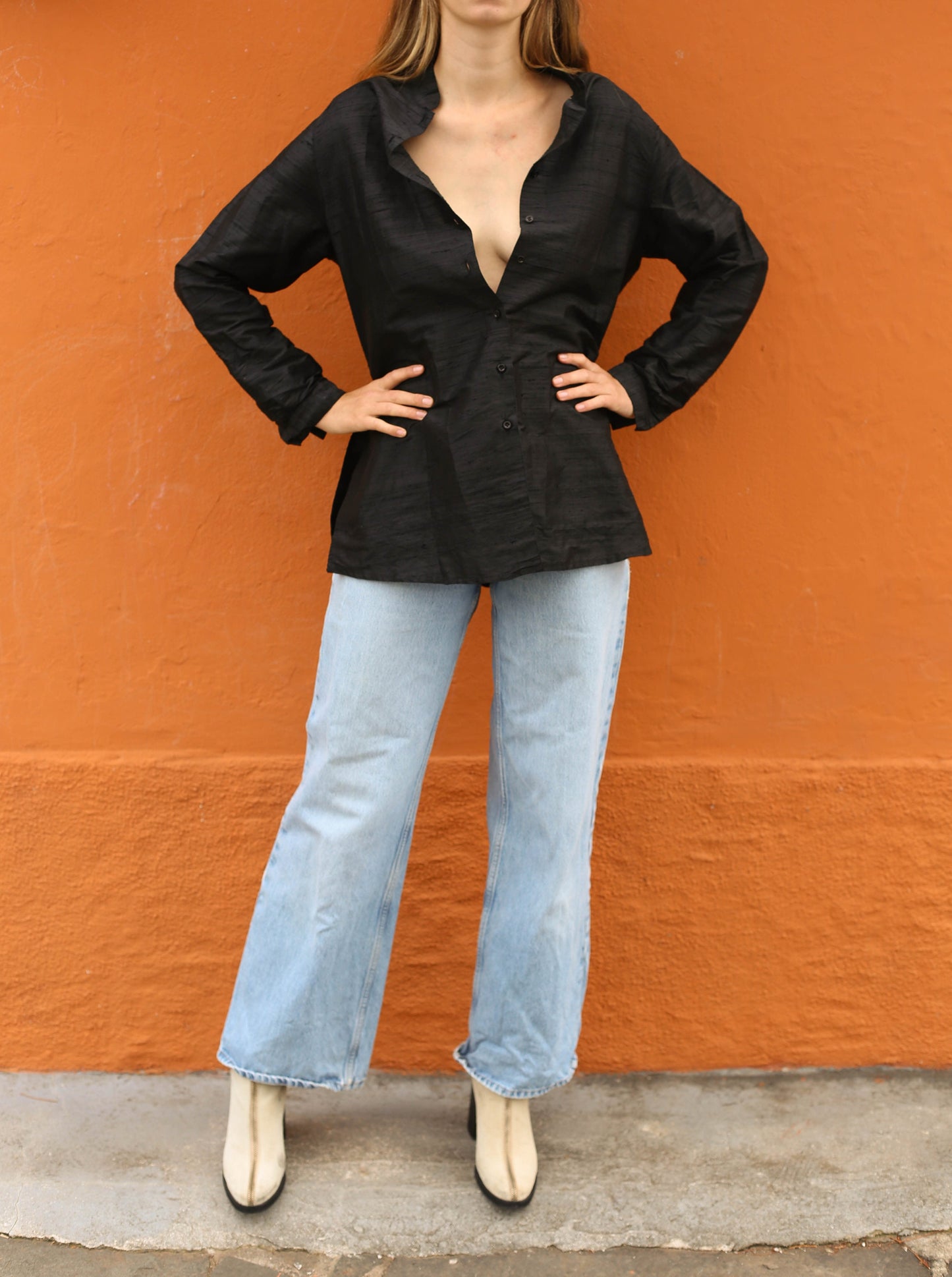 Vintage Balloon Silk Blouse – 100% Silk, Oversized Minimalist Shirt with Removable Shoulder Pads