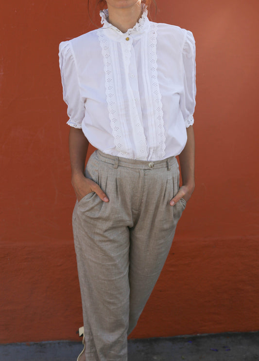 Vintage Meico Blouse with Ruffled Lace Neckline, Cottagecore Aesthetic, Size L, German Folklore shirt, Romantic Picnic puff sleeve top