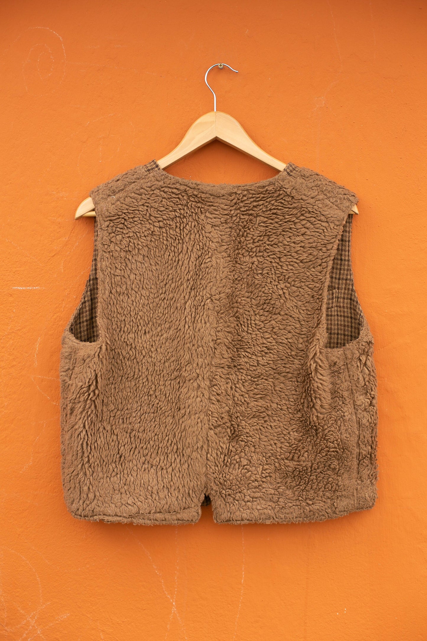Vintage brown wool waistcoat, Lammy gilet, Brown cozy winter wear, Sleeveless checkered vest, Double sided european jacket, L