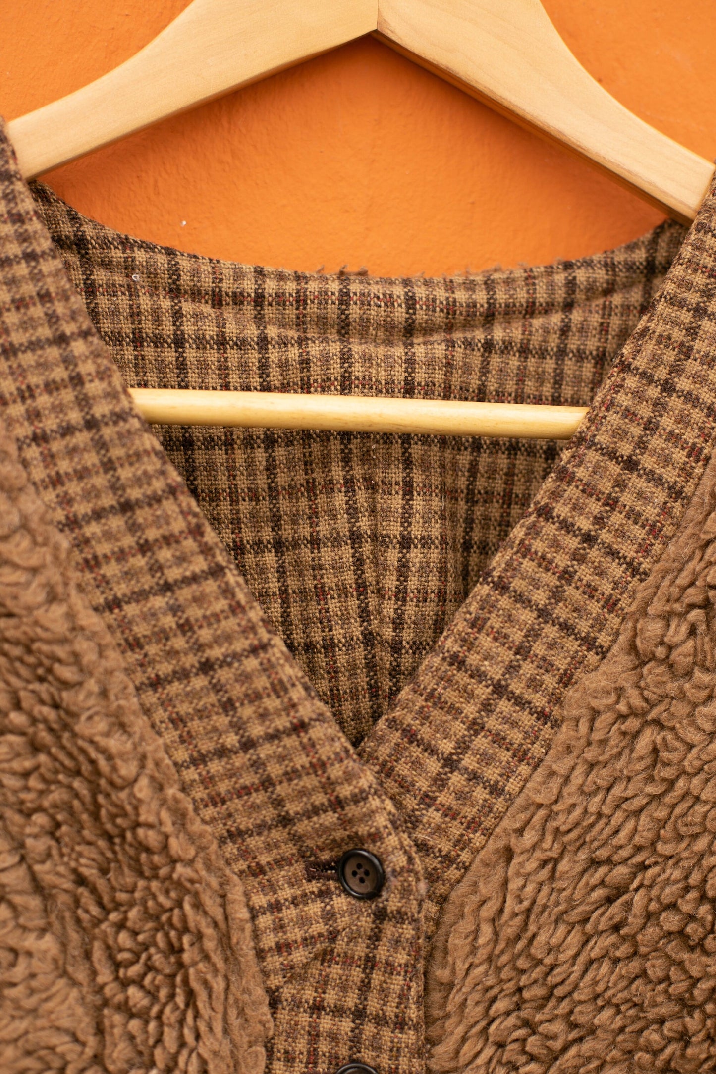 Vintage brown wool waistcoat, Lammy gilet, Brown cozy winter wear, Sleeveless checkered vest, Double sided european jacket, L