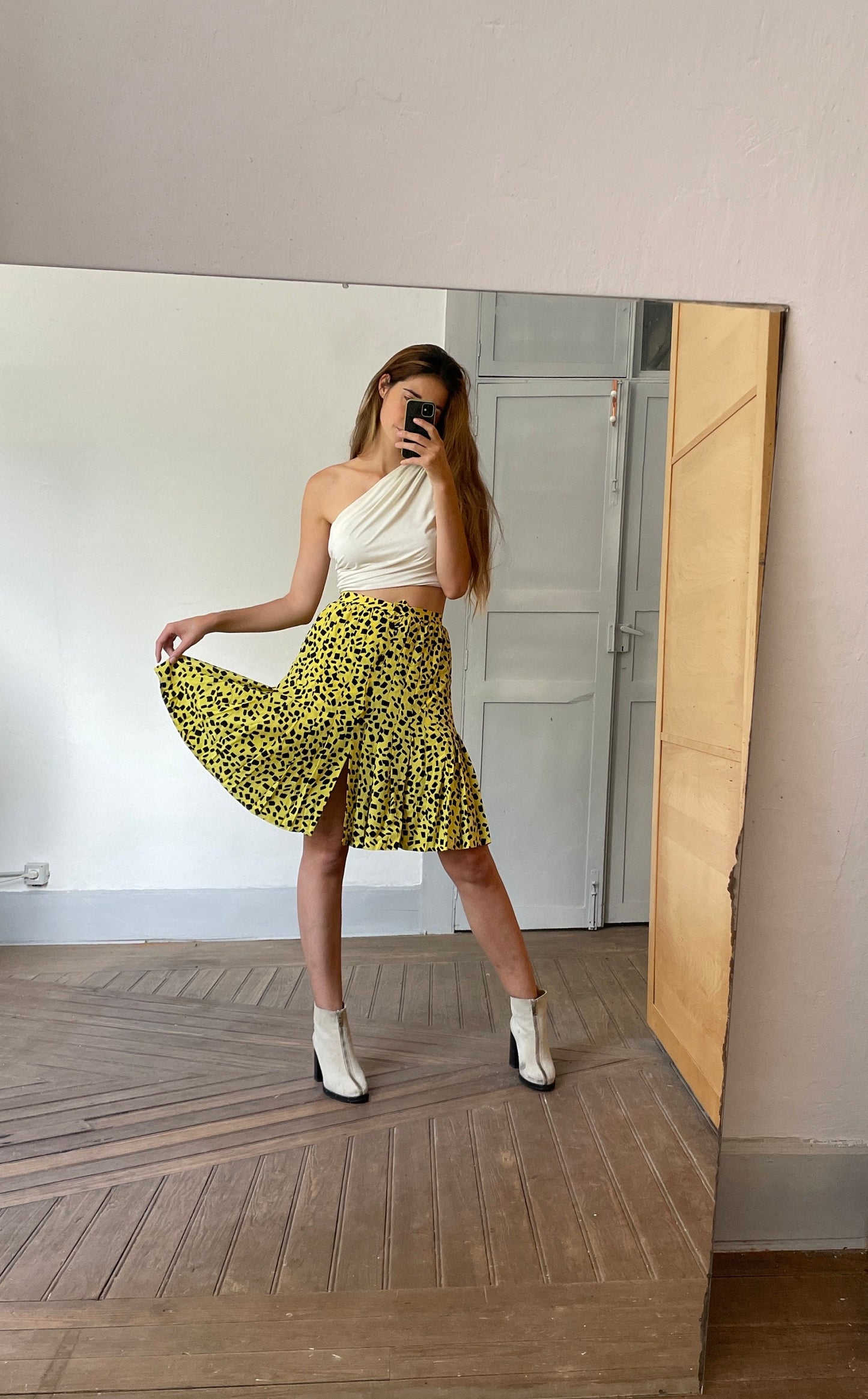 Vintage silk blend pleated skirt by Enrica martine, Retro 60s high waist skirt, Elegant posh designer clothing, Yellow and black summer