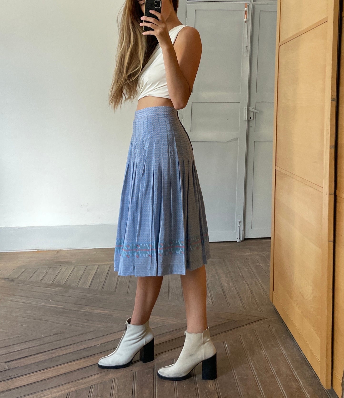 Cottage core blue high waist summer skirt, Elegant vintage pleated skirt