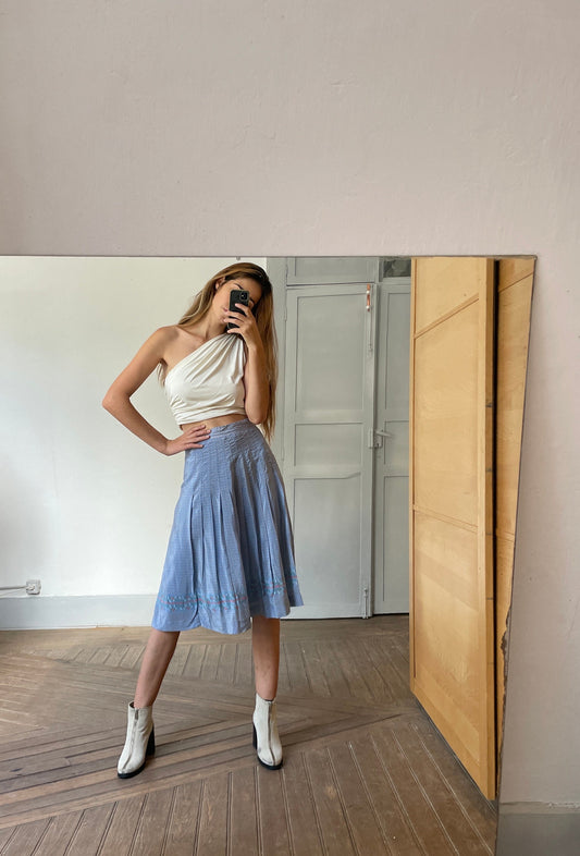 Cottage core blue high waist summer skirt, Elegant vintage pleated skirt