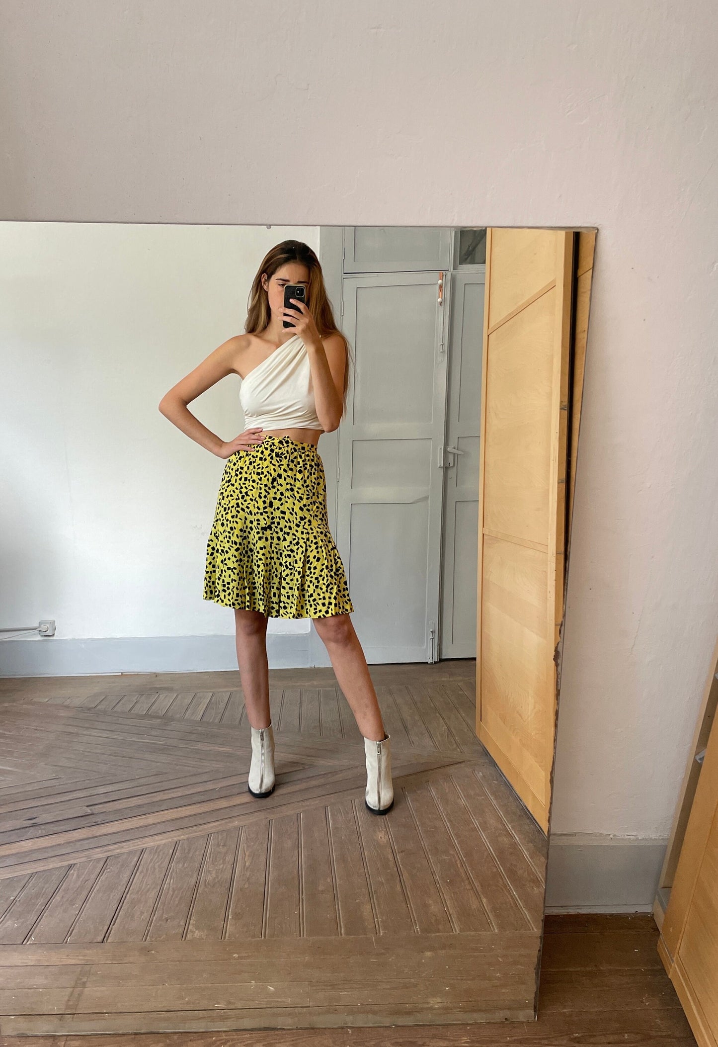 Vintage silk blend pleated skirt by Enrica martine, Retro 60s high waist skirt, Elegant posh designer clothing, Yellow and black summer