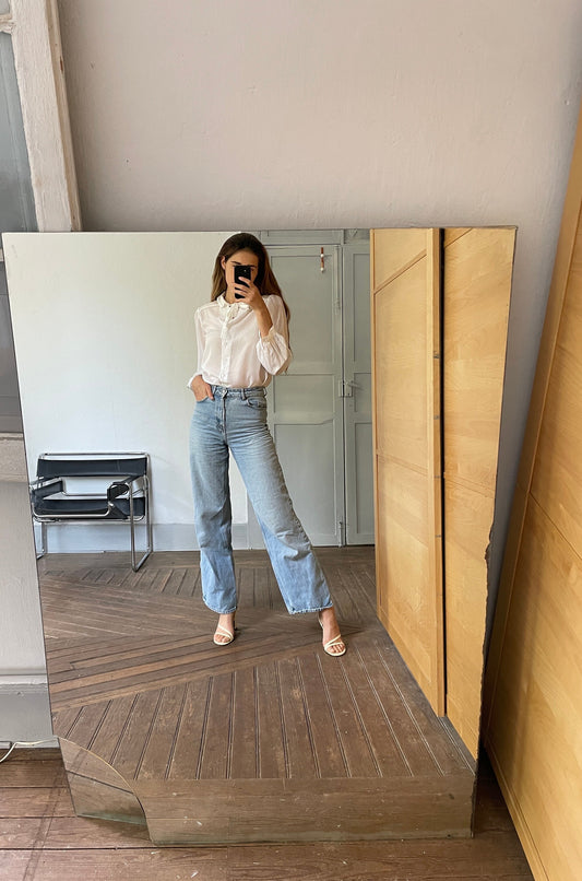 Vintage sheer romantic woman blouse, White see through collared shirt, Bow tie antique top