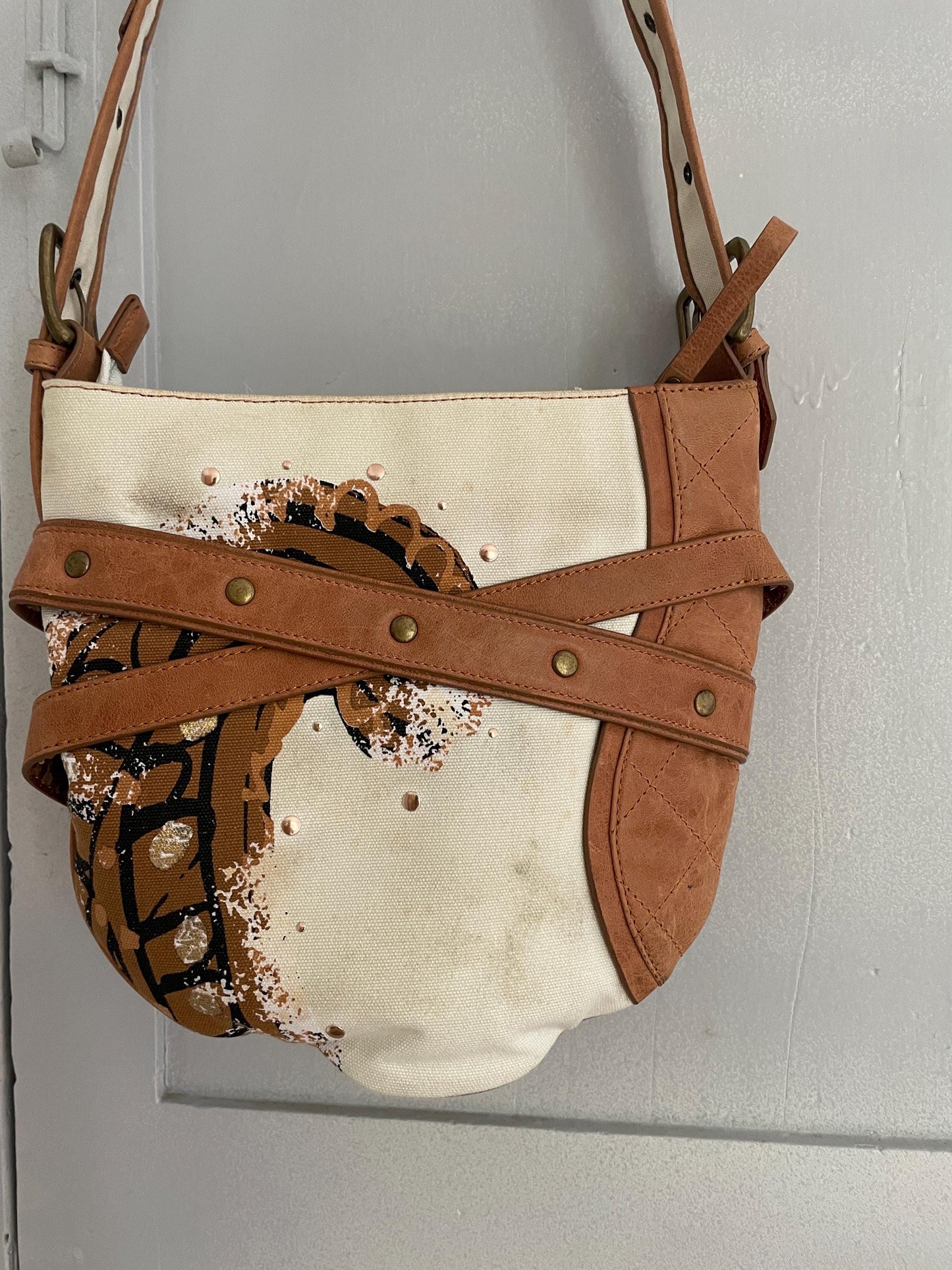 Vintage Jordi Labanda Shoulder Bag – Cotton & Leather Mixed Media Art Piece