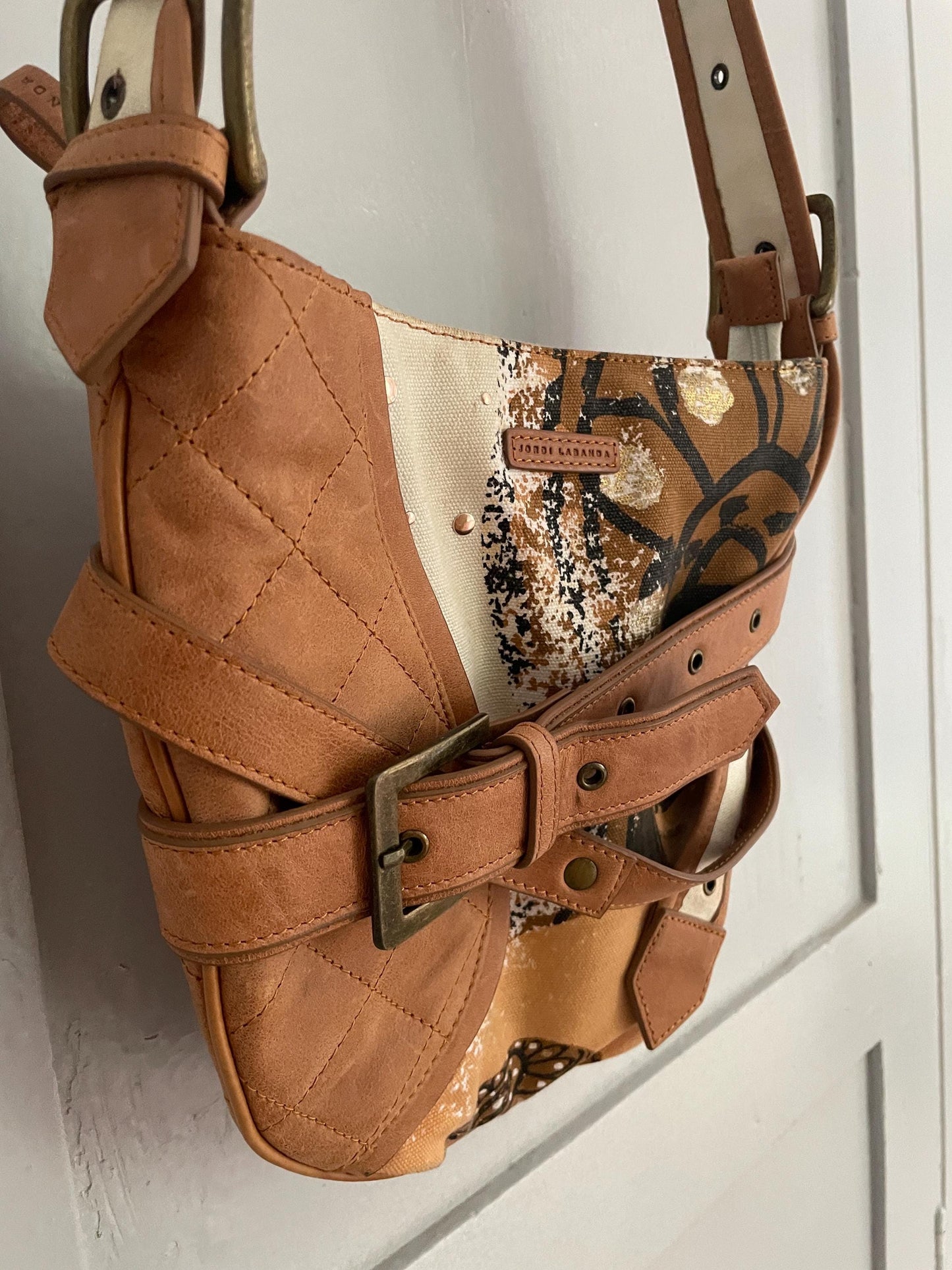 Vintage Jordi Labanda Shoulder Bag – Cotton & Leather Mixed Media Art Piece