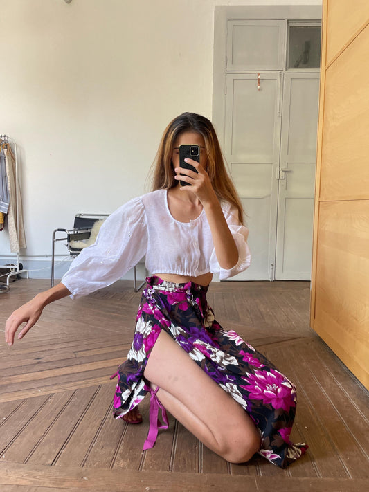 Vintage tropical purple flower summer skirt, Floral black and pink maxi skirt, High waist side split skirt