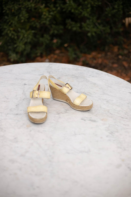 Vintage Prada Platform Espadrilles Sandals, White Patent Leather Straps, Woven Plateau Heel, Y2K Retro Designer Shoes, Leather Slippers