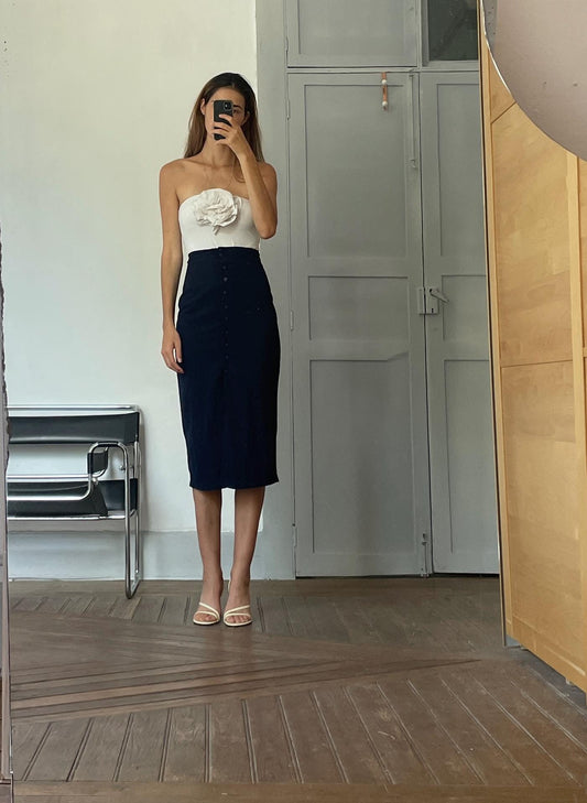 Vintage navy long button down skirt, Elegant fitted high waist maxi skirt, Blue tight pencil skirt,