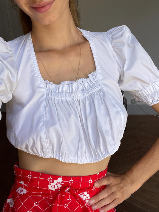 Vintage white romantic trachten puff sleeve top, Sheer crop top, Cottage core blouse, Farm girl dirndl style, XS