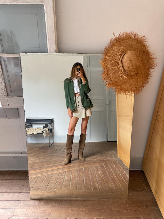 Vintage moss green linen jacket, German dirdnl folklore coat, Austrian trachten