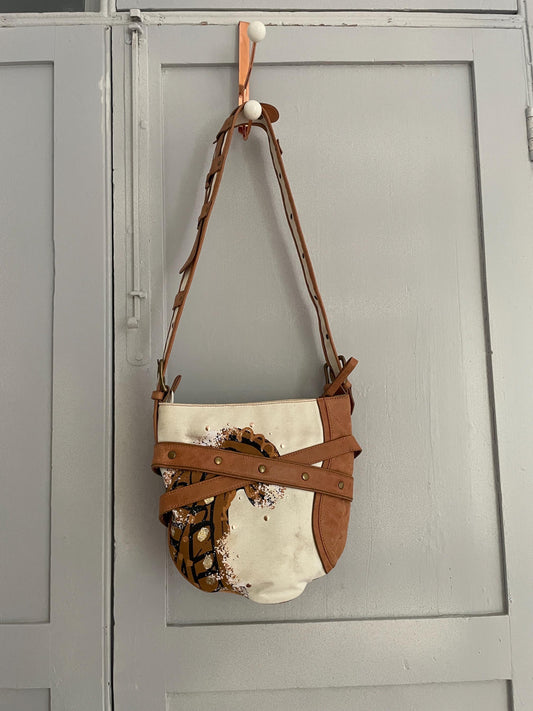 Vintage Jordi Labanda Shoulder Bag – Cotton & Leather Mixed Media Art Piece