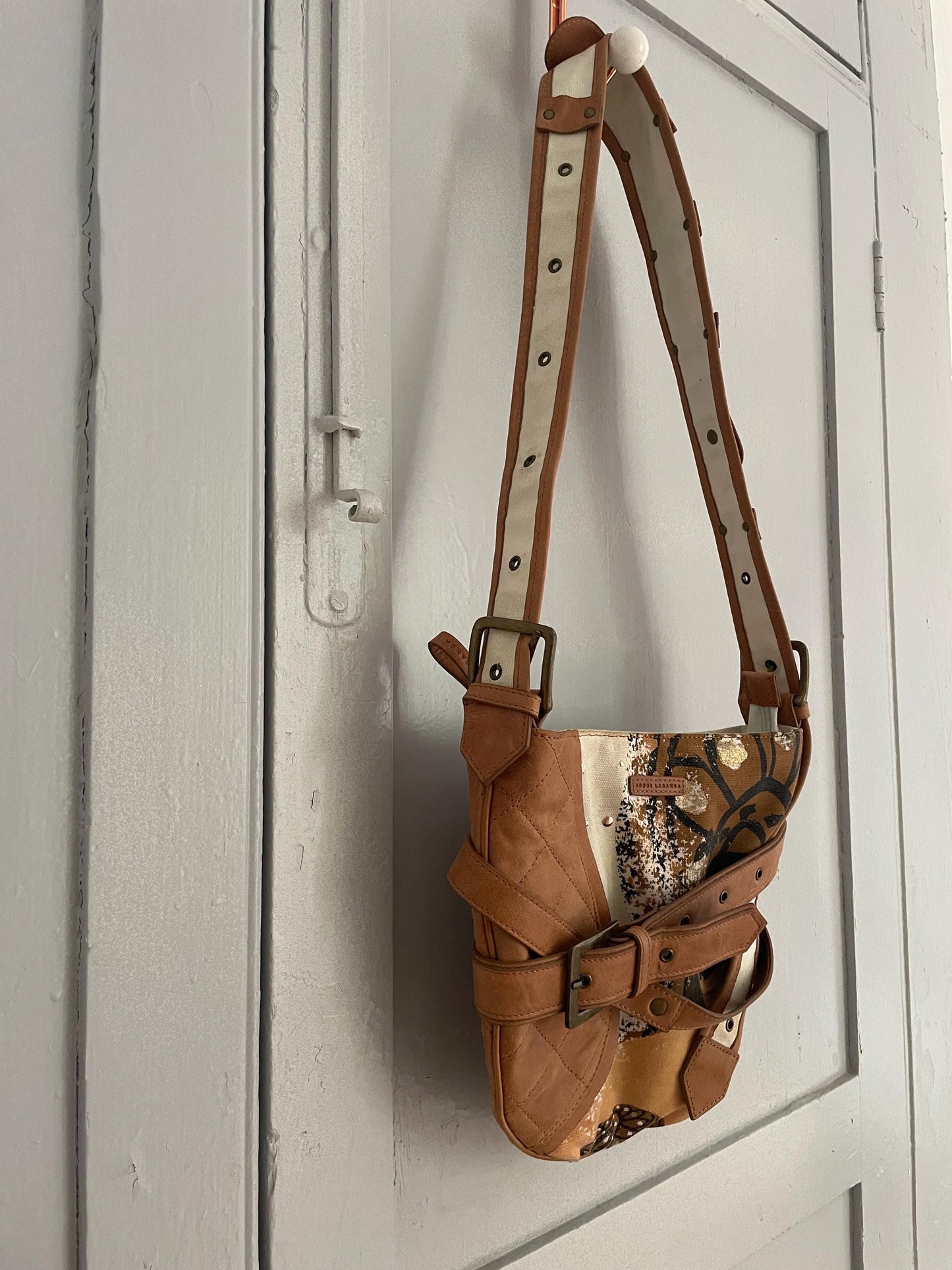 Vintage Jordi Labanda Shoulder Bag – Cotton & Leather Mixed Media Art Piece
