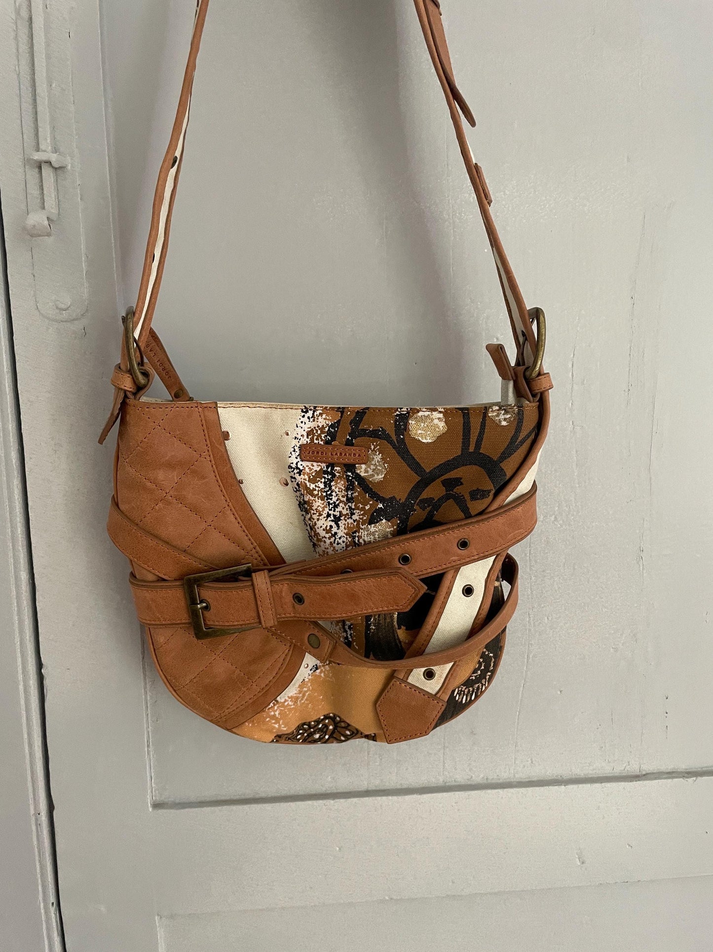 Vintage Jordi Labanda Shoulder Bag – Cotton & Leather Mixed Media Art Piece