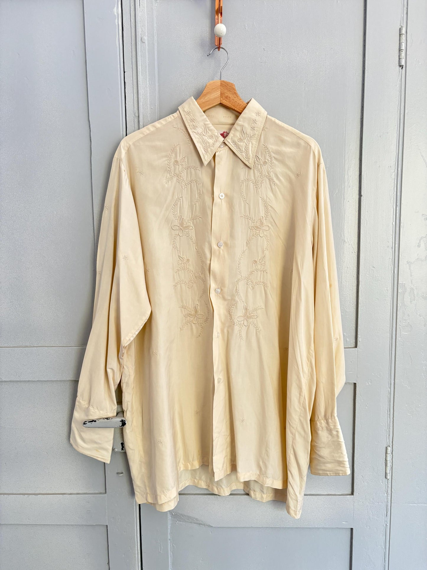 Gorgeous PURE SILK vintage MEN shirt, Hand embroidered off white oxford, A true vintage treasure, Super soft eggshell long sleeve button up