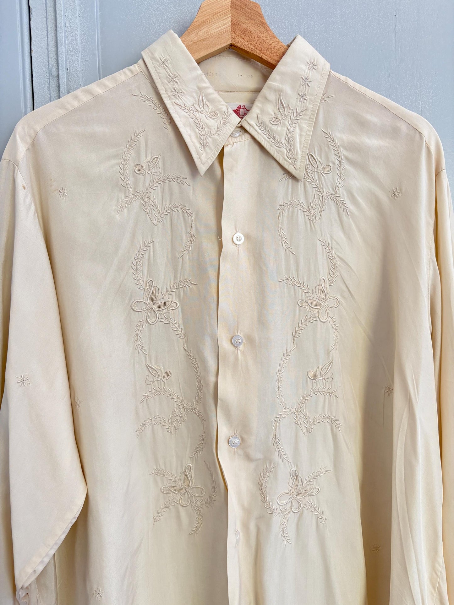 Gorgeous PURE SILK vintage MEN shirt, Hand embroidered off white oxford, A true vintage treasure, Super soft eggshell long sleeve button up