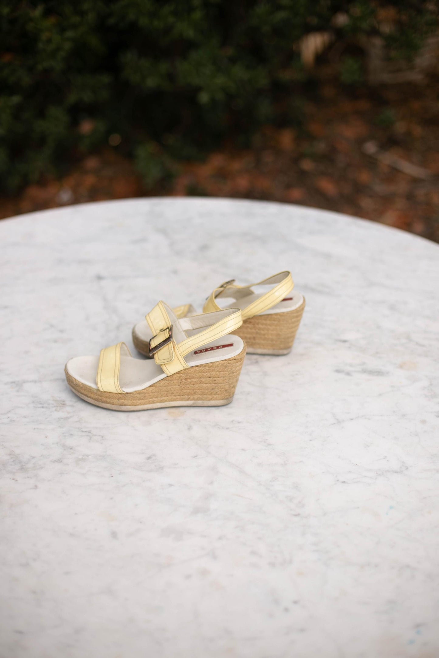 Vintage Prada Platform Espadrilles Sandals, White Patent Leather Straps, Woven Plateau Heel, Y2K Retro Designer Shoes, Leather Slippers