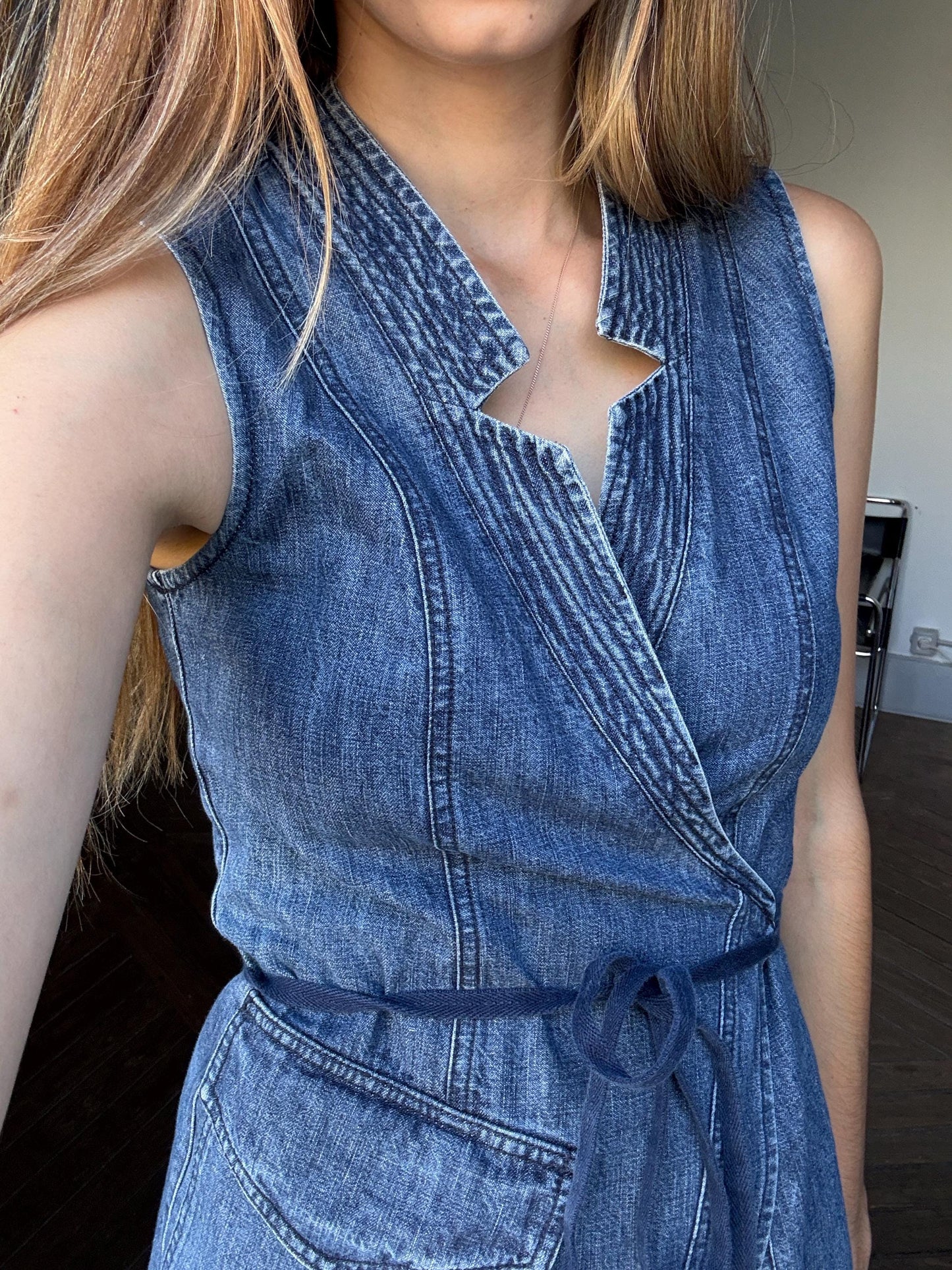 Vintage Max & co denim wrap around dress, Designer mini summer dress, Blue Minimalist Style, Basic sleeveless Jeans dress, M