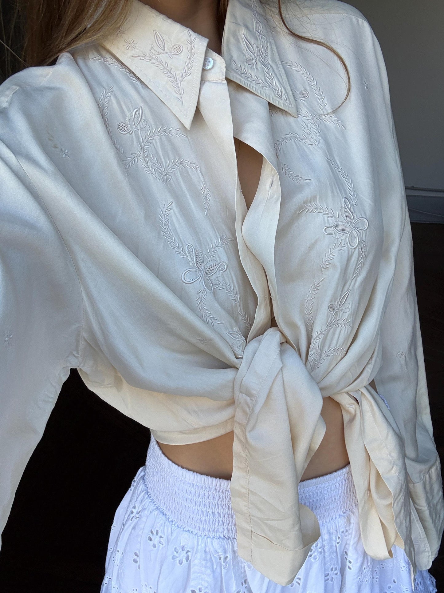 Gorgeous PURE SILK vintage MEN shirt, Hand embroidered off white oxford, A true vintage treasure, Super soft eggshell long sleeve button up