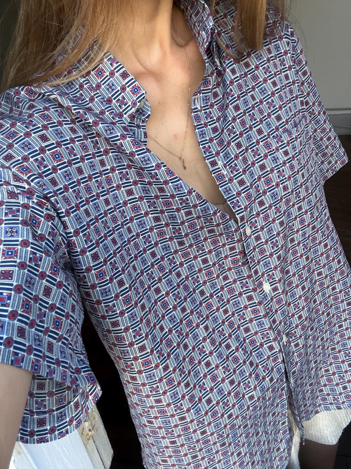 Retro Men's button down shirt, Blue groovy print blouse, Colourful patterned top, Cute short sleeve summer shirt, Loose 70s blouse, XXL