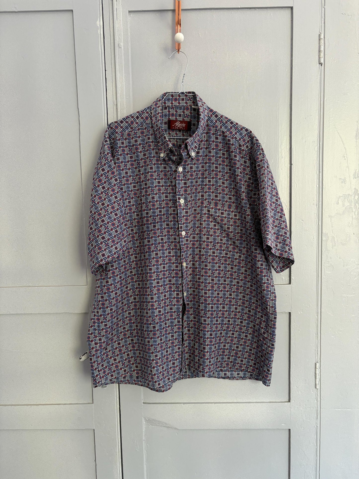 Retro Men's button down shirt, Blue groovy print blouse, Colourful patterned top, Cute short sleeve summer shirt, Loose 70s blouse, XXL