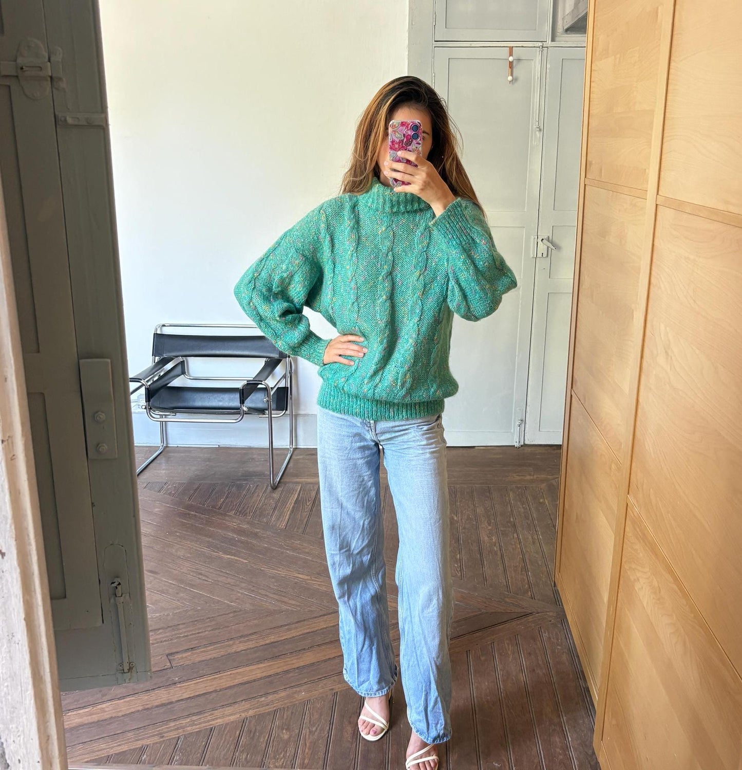 Carla Barbera vintage green confetti pullover, Italian designer jumper, Retro colourful knitwear, 80s ugly Christmas sweater