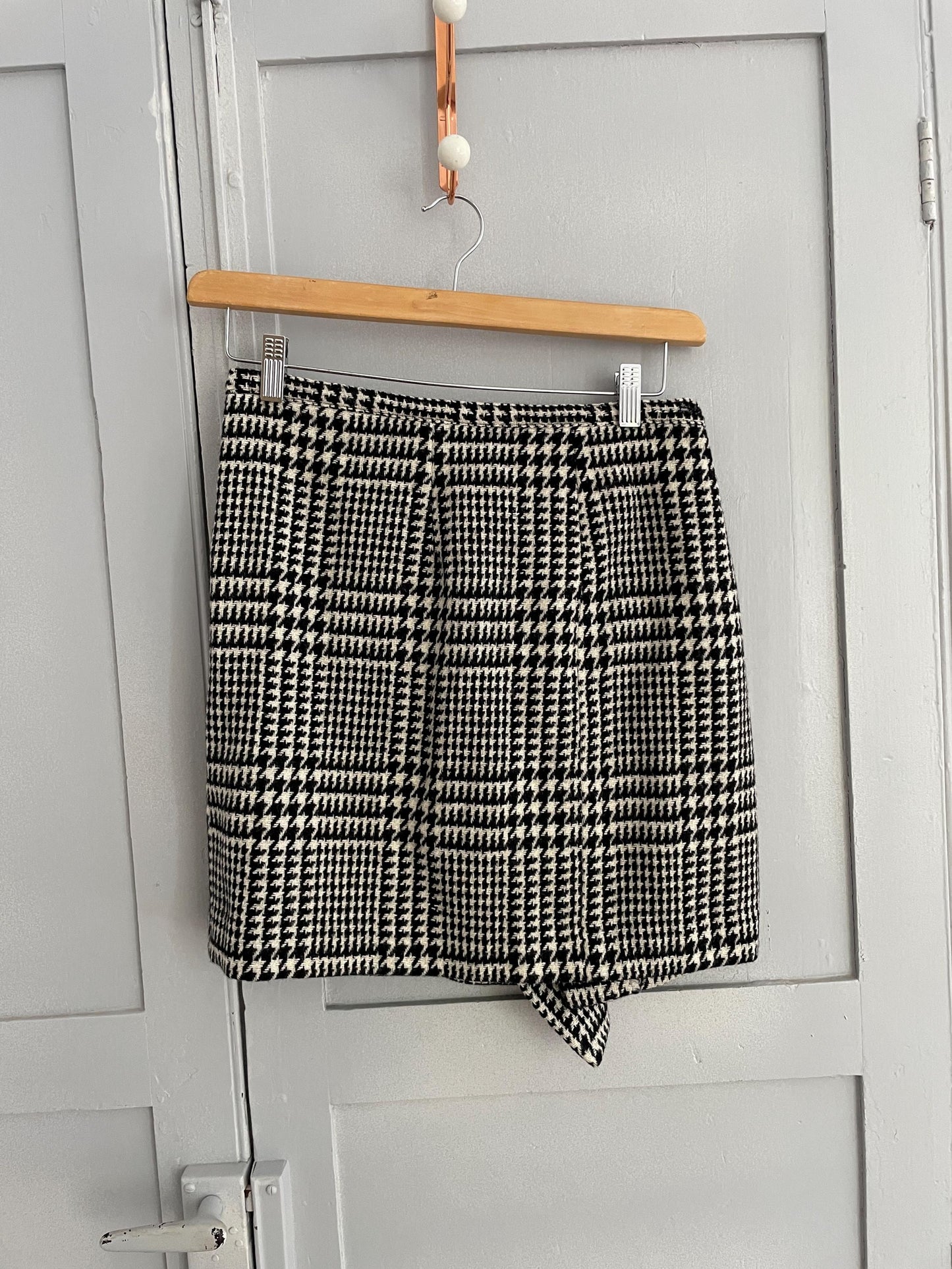 Vintage French houndstooth wool mini skirt, Unique tartan black and white winter skirt