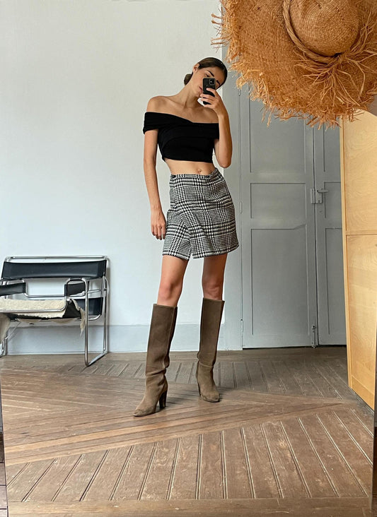 Vintage French houndstooth wool mini skirt, Unique tartan black and white winter skirt