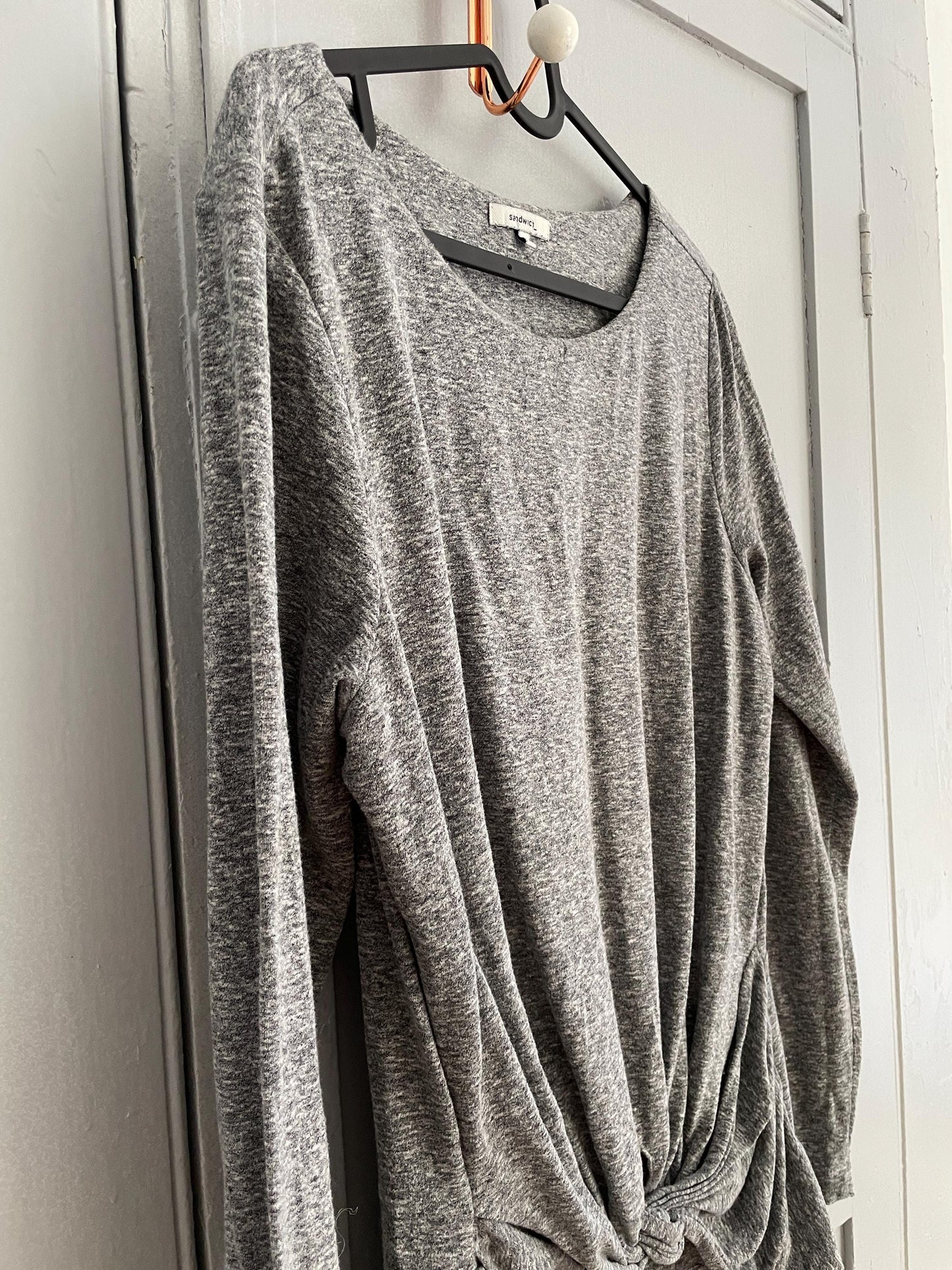 Long light grey dress, Soft winter maxi dress, Long sleeve Sandwich dress, woman clothing size L