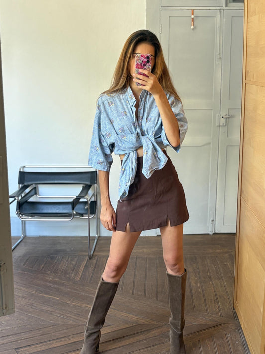 Vintage Blue Floral Print Blouse, Sheer Light Vintage abstract retro button up shirt, Cute summer shirt, Loose oversized 70s blouse