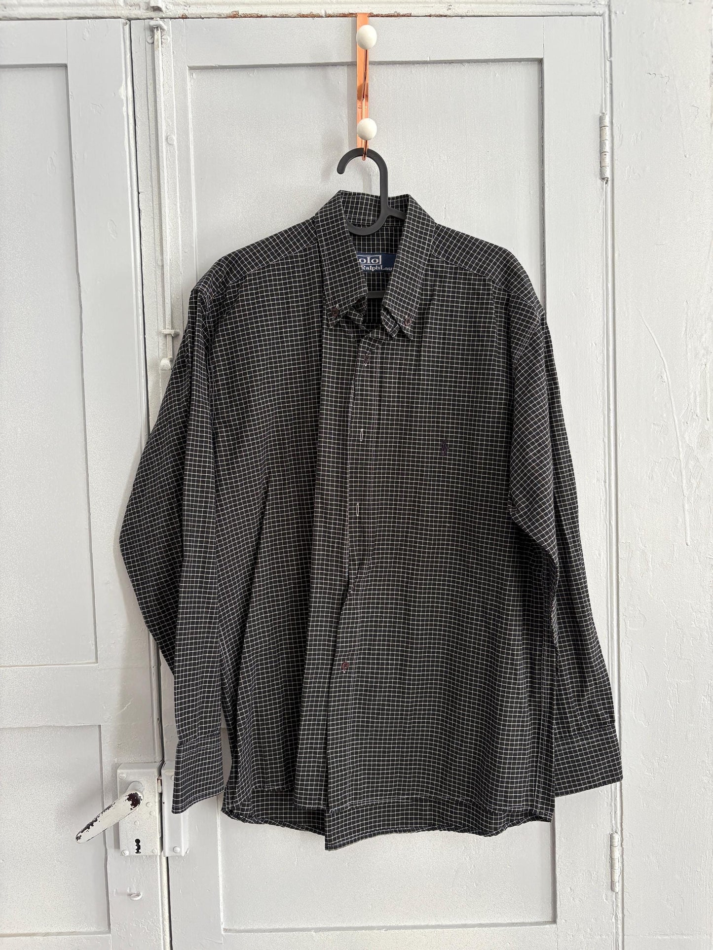 Classic Polo by Ralph Lauren black checkered button up shirt, Smart button up, 90s long sleeve shirt, Preppy designer blouse, L
