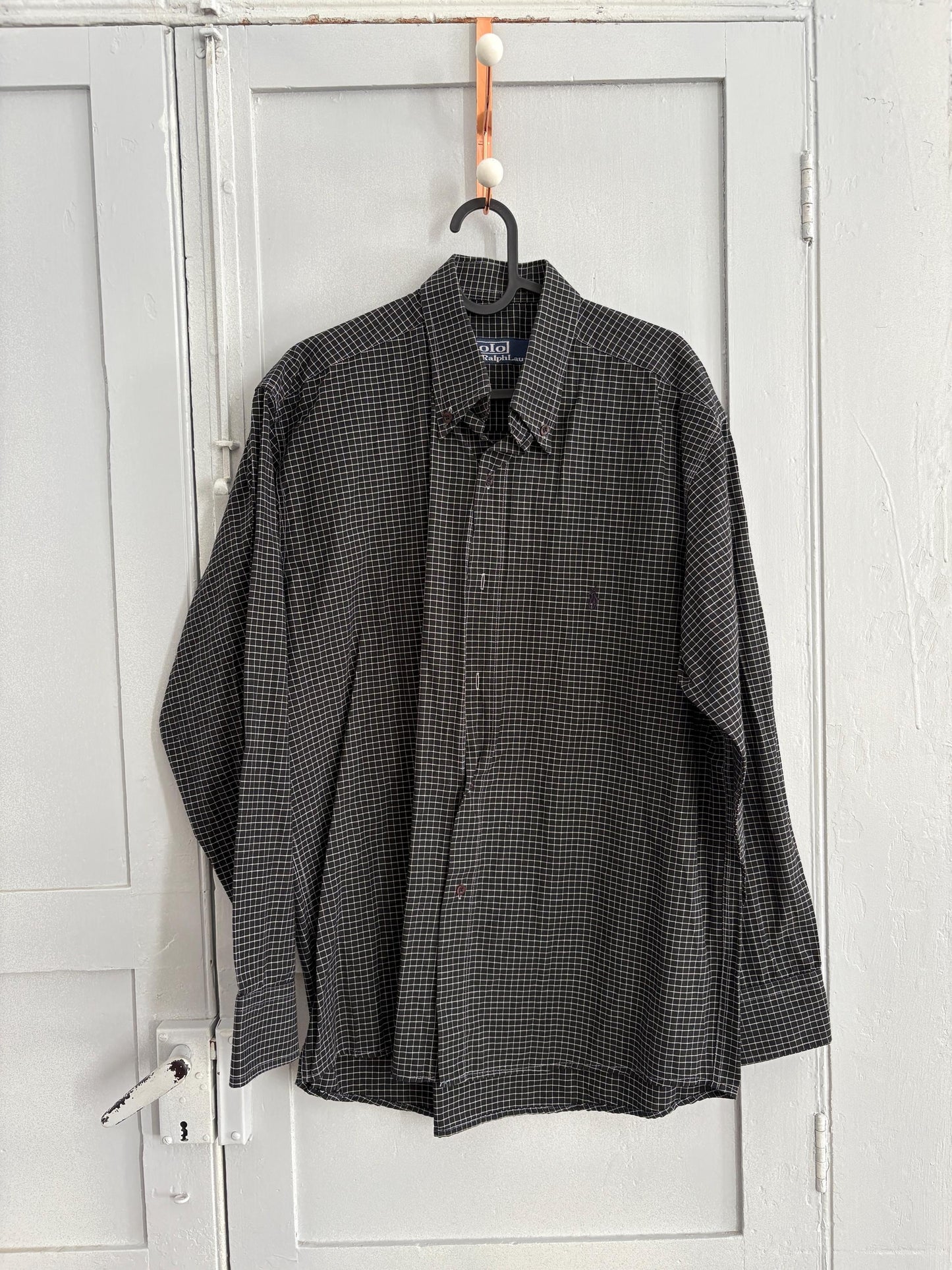 Classic Polo by Ralph Lauren black checkered button up shirt, Smart button up, 90s long sleeve shirt, Preppy designer blouse, L