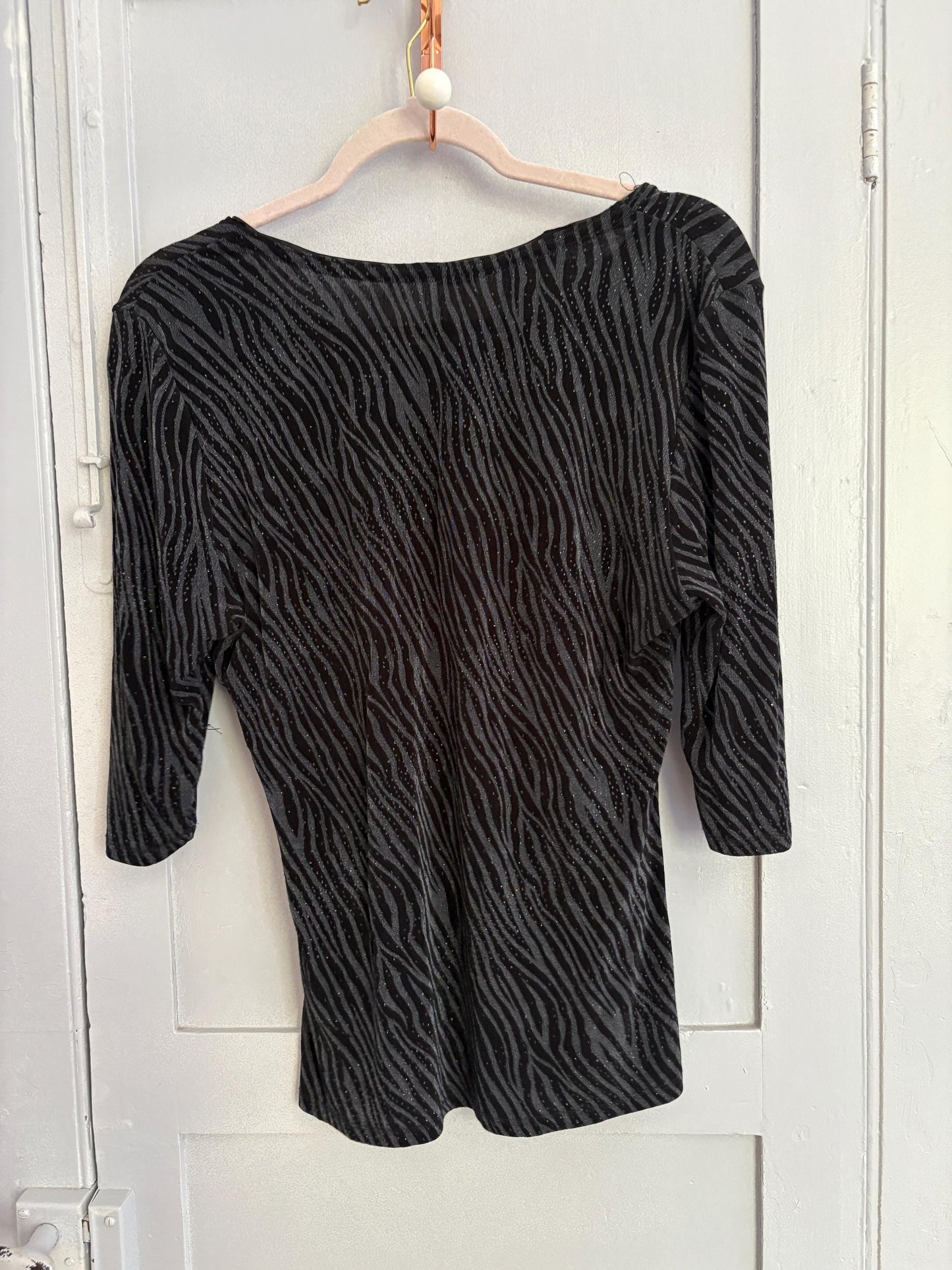Vintage black zebra embellished women's shirt, 80s retro printed shirt, Black glitter top