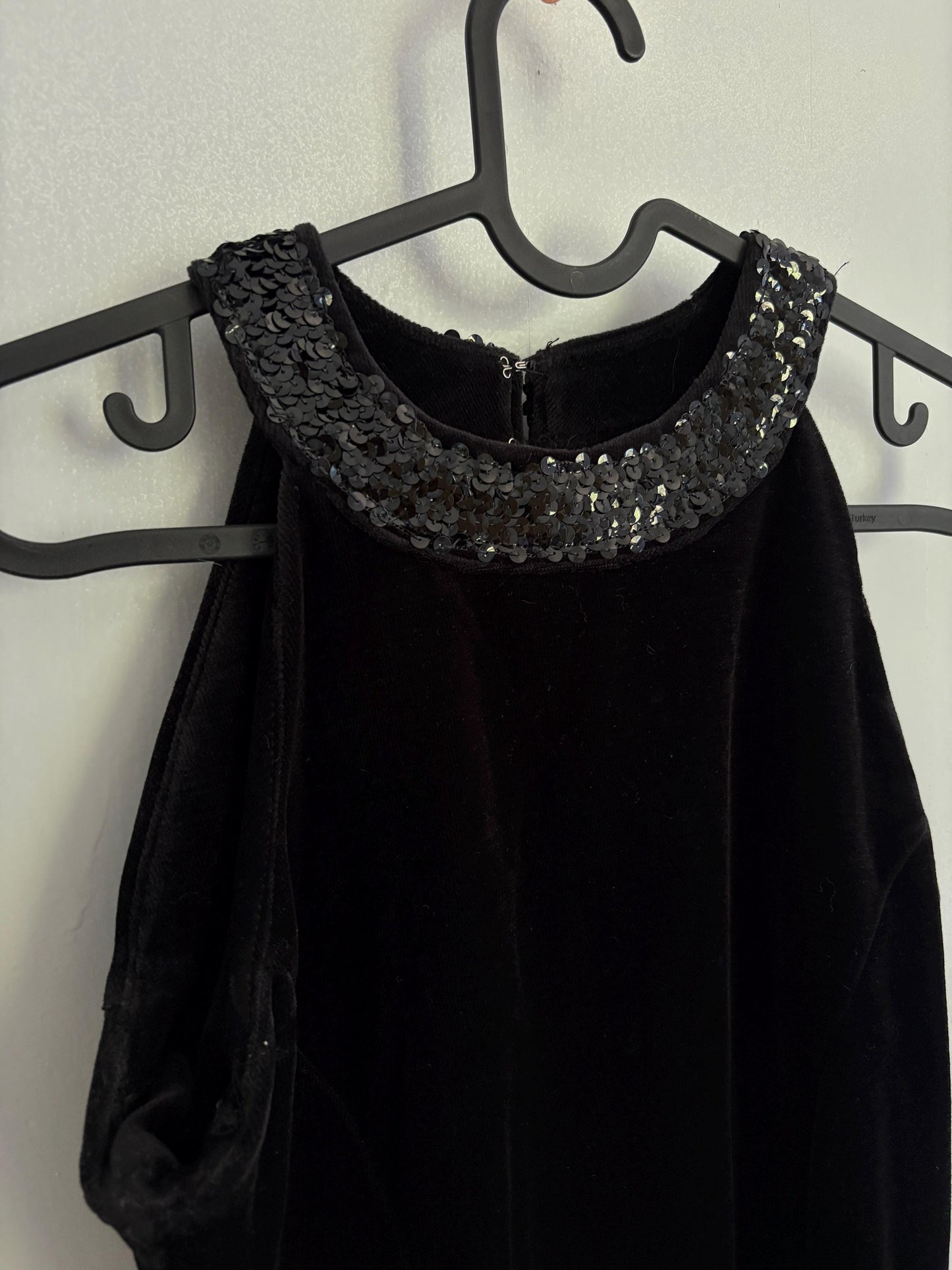 Vintage black velvet dress made in England, Elegant velour festive sequin embroidered dress, Basic hourglass dress,