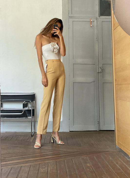 Vintage Yellow Charlot High-Waisted Pants, Size Small S/36, Tailored Straight-Leg Trousers for Women, Elegant Retro Style clothing, Size S