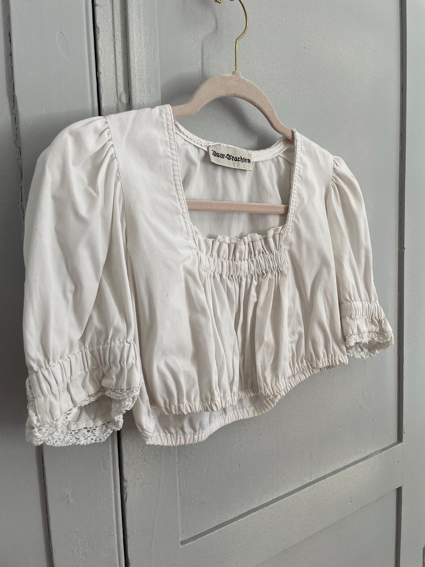 Vintage white romantic trachten puff sleeve top, Sheer crop top, Cottage core blouse, Farm girl dirndl style, XS