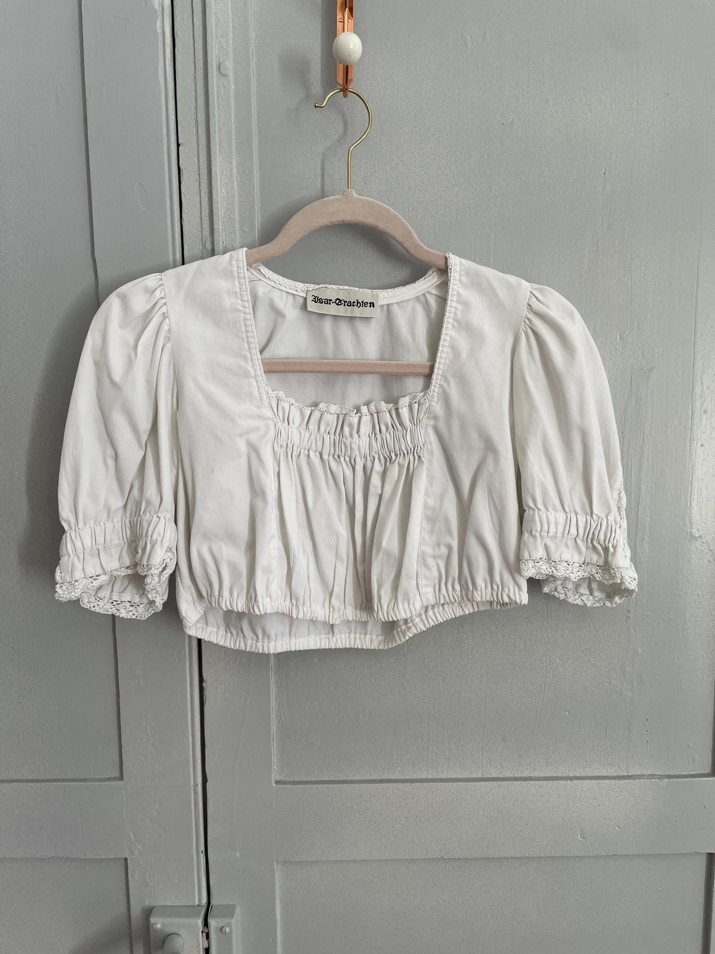 Vintage white romantic trachten puff sleeve top, Sheer crop top, Cottage core blouse, Farm girl dirndl style, XS