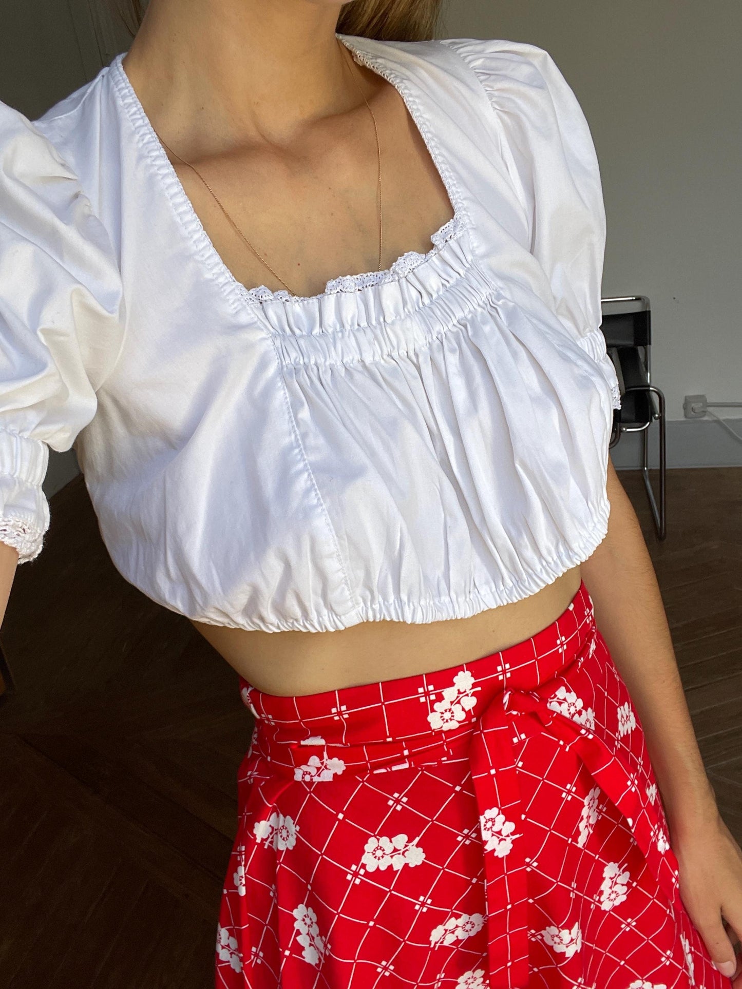 Vintage white romantic trachten puff sleeve top, Sheer crop top, Cottage core blouse, Farm girl dirndl style, XS