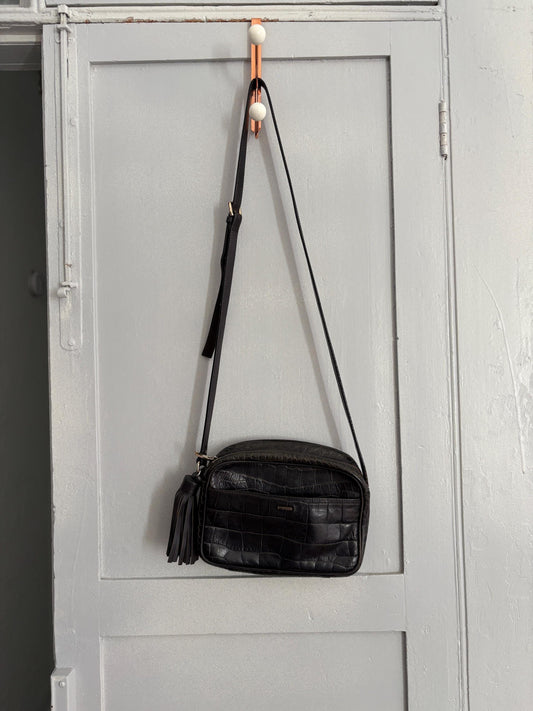 Vintage UTERQUE black leather cross body purse, Long strap genuine leather shoulder bag, Cute festival bag with tassel