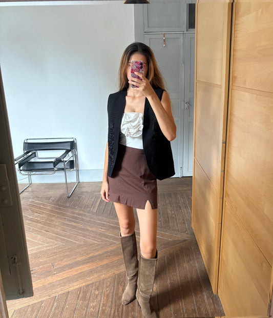 Vintage black wool floral vest, Cottage core felted wool waistcoat, Romantic Sleeveless black cardigan, Dark academia waistcoat, M